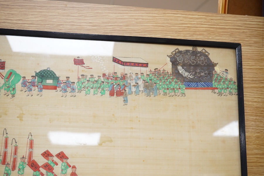 Chinese School, Figural processions, pair of watercolours on silk, 26 x 64cm